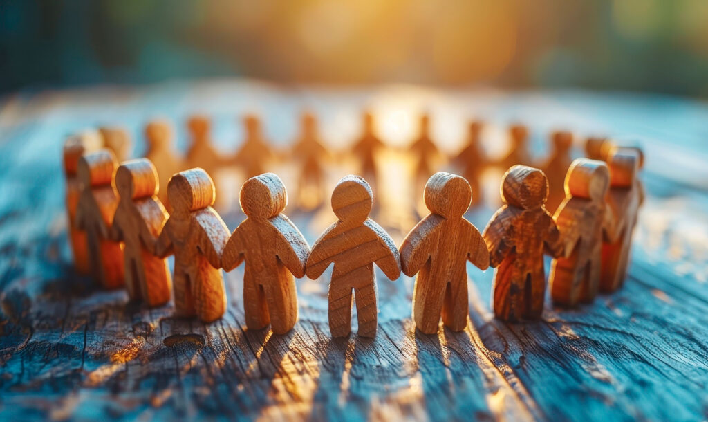 Figure in legno che si tengono per mano in cerchio, a simboleggiare il lavoro di squadra e l'unità